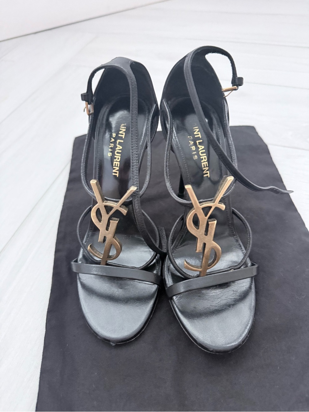 Saint Laurent Black Leather YSL Logo Strappy Slingback Heels